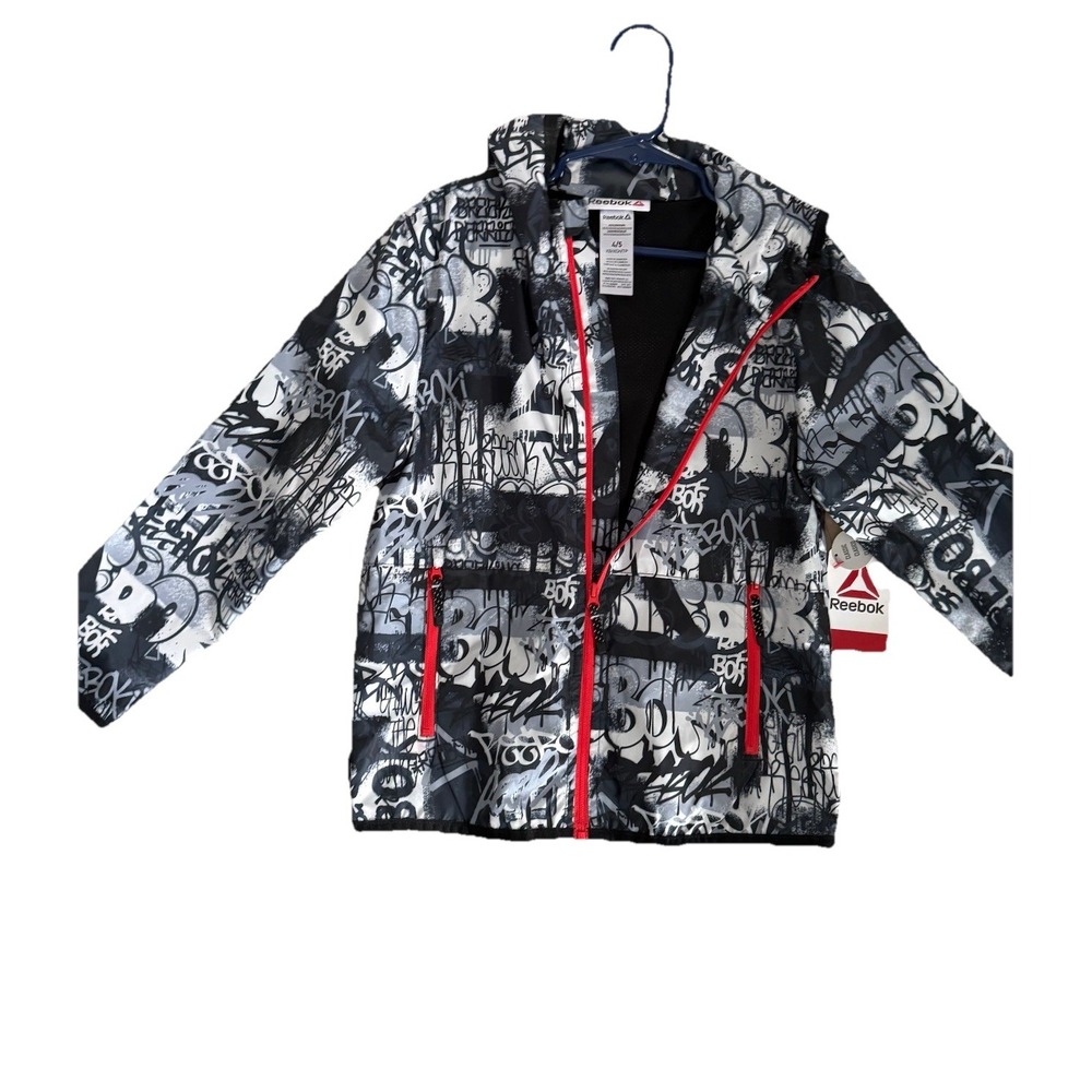 Reebok Kids' Hooded Windbreaker Graffiti Print, Full Zip,  Size 4/5 XS NWT